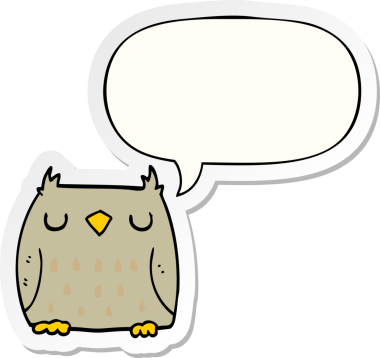 Bir insan tarafından çizilmiş konuşma kabarcığı çıkartmalı sevimli çizgi film baykuşu.