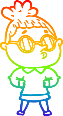 Gökkuşağı gradyan çizgi çizimi bir insan tarafından çizilmiş gözlük takan bir kadın.