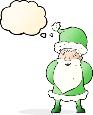 Bir insan tarafından çizilmiş düşünce baloncuklu Noel Baba çizgi filmi.