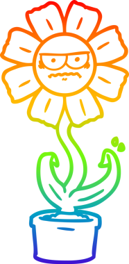 Bir insan tarafından çizilmiş kızgın bir karikatür çiçeğinin çizimi.