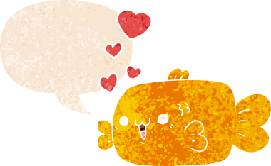 Sevgi dolu karikatür balığının konuşma baloncuğu ve grunge 'da kederli insan dokusuyla çizilmiş hoş bir geçmişi var.