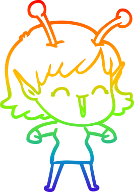 Gökkuşağı gradyan çizgi çizimi bir insan tarafından çizilmiş uzaylı bir kızın gülüşü.