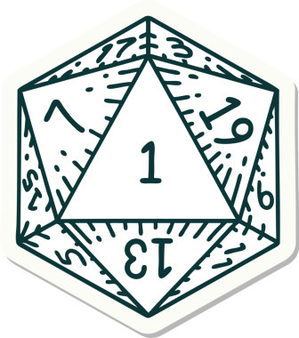 Bir insan tarafından çizilmiş doğal 1 D20 zar etiketi.