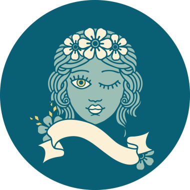 Bir insan tarafından çizilmiş çiçek taçlı bir bakirenin bayrağıyla dövme stili simgesi