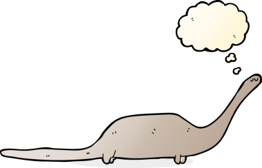 Bir insan tarafından çizilmiş düşünce baloncuklu bir dinozor.