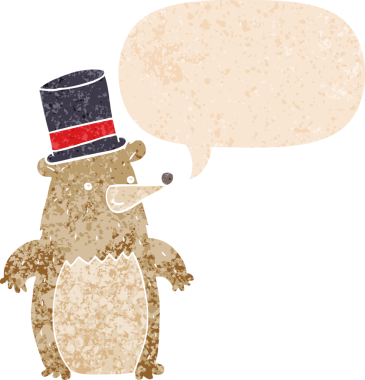 Çizgi film ayısı silindir şapkalı, grunge 'da konuşma baloncuğu olan, bir insan tarafından çizilmiş, tedirgin, desenli bir çizgi film.