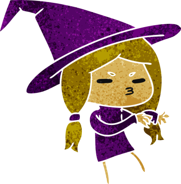 Bir insan tarafından çizilmiş sevimli bir cadı olan Kawaii 'nin eski çizgi film çizimi.