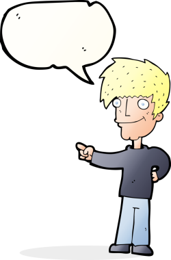 Bir insan tarafından çizilmiş bir konuşma balonuyla işaret eden çizgi film adamı.