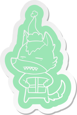 Bir insan tarafından çizilmiş Noel Baba şapkası takan bir kurdun garip çizgi film çıkartması.