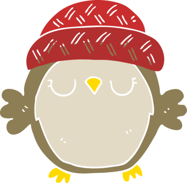 Bir insan tarafından çizilmiş şapkalı şirin düz renkli çizgi film baykuşu.