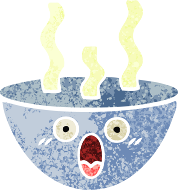 Bir insan tarafından çizilmiş sıcak bir çorba kasesinin retro çizim tarzı karikatürü.