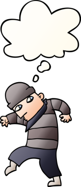 Düşünce baloncuğu olan sinsi çizgi film hırsızı bir insan tarafından çizilmiş.