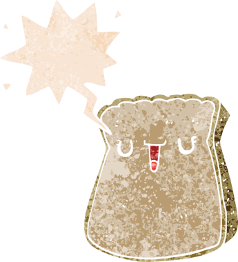 Bir insan tarafından çizilmiş, grunge dertli retro desenli konuşma baloncuklu bir ekmek dilimi.