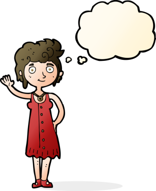 Bir insan tarafından çizilmiş düşünce baloncuğuyla el sallayan hippi kadın.