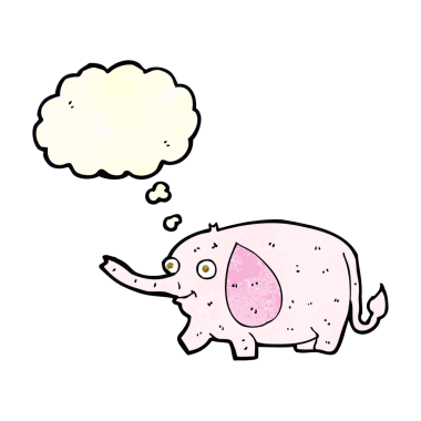 Bir insan tarafından çizilmiş düşünce baloncuklu komik küçük fil.