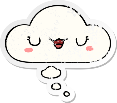 Düşünce baloncuğu olan sevimli çizgi film yüzü bir insan tarafından çizilmiş yıpranmış bir çıkartma gibi.