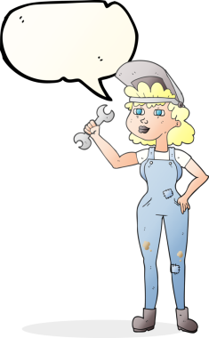 Bir insan tarafından çizilmiş İngiliz anahtarı olan serbest konuşma balonu çizilmiş bir karikatür kadın.