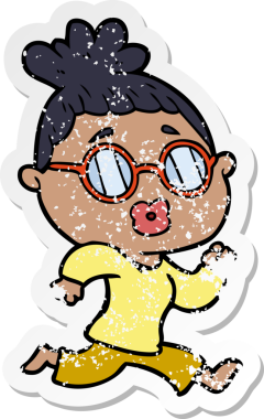 Bir insan tarafından çizilmiş gözlük takan karikatürlü bir kadının sıkıntılı çıkartması.