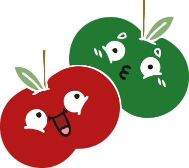 Bir insan tarafından çizilmiş sulu bir elmanın düz renkli retro karikatürü