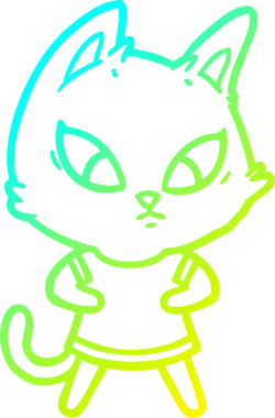 Bir insan tarafından çizilmiş kıyafetlerle kafası karışmış bir çizgi film kedisinin soğuk çizgi çizimi.