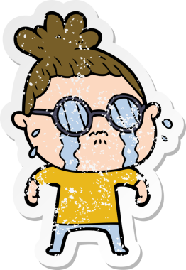 Bir insan tarafından çizilmiş gözlüklü, ağlayan bir karikatür çıkartması.