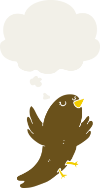 Düşünce baloncuğu olan çizgi film kuşu insan tarafından çizilmiş.