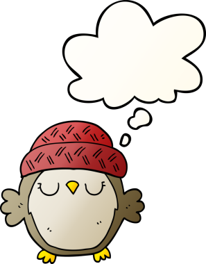 Bir insan tarafından çizilmiş yumuşak eğimli düşünce baloncuklu şapkalı sevimli çizgi film baykuşu.