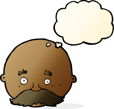 Düşünce baloncuğu çizilmiş bıyıklı kel bir adam.