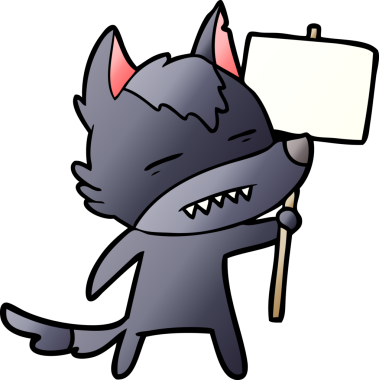 Bir insan tarafından çizilmiş dişleri gösteren işaret levhası olan çizgi film kurdu.