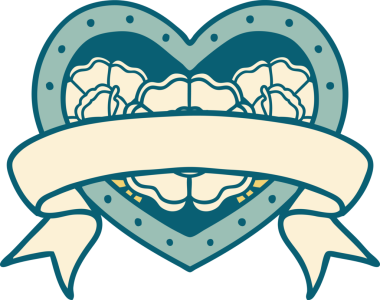 İkonik dövme stili bir kalp ve bir insan tarafından çizilmiş çiçekli pankart.