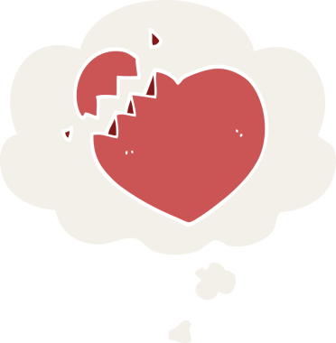 insan tarafından çizilmiş, düşünce baloncuğu şeklinde kırık bir kalp.