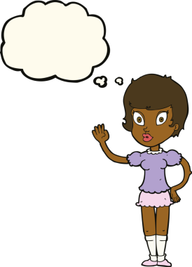 Bir insan tarafından çizilmiş düşünce baloncuğuyla el sallayan güzel kız.