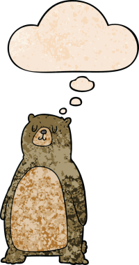 Bir insan tarafından çizilmiş grunge desenli düşünce baloncuklu çizgi film ayısı.