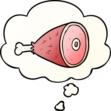 Düşünce baloncuğuyla pişirilmiş et, bir insan tarafından çizilmiş eğimli bir çizgi film.