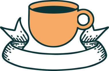 Geleneksel dövme ve bir insan tarafından çizilmiş bir fincan kahve.