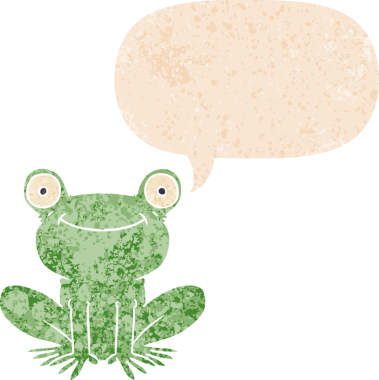 grunge 'da konuşma baloncuğu olan karikatür kurbağası bir insan tarafından çizilmiş dertli retro stil.