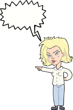 Bir insan tarafından çizilmiş bir konuşma balonuyla işaret eden çizgi film kadını.