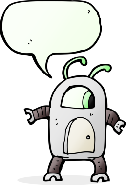Bir insan tarafından çizilmiş konuşma balonlu uzaylı robot.