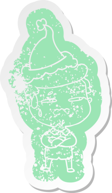 Bir insan tarafından çizilmiş Noel Baba şapkası giyen endişeli bir adamın garip bir karikatürü.