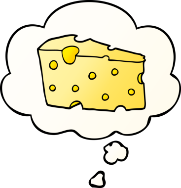 Düşünce baloncuklu çizgi film peyniri bir insan tarafından çizilmiş.