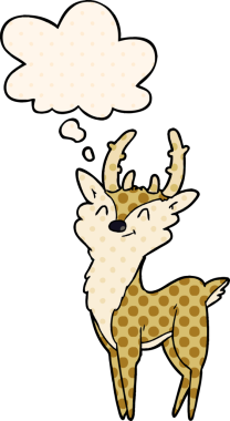 Çizgi roman tarzında bir insan tarafından çizilmiş düşünce balonlu mutlu bir geyik.