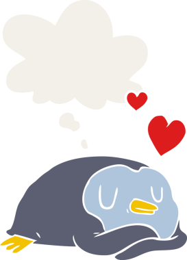 Karikatür pengueni insan tarafından çizilmiş düşünce baloncuğuna aşık.