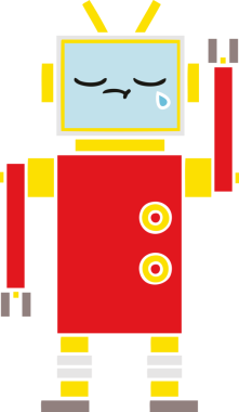 Bir insan tarafından çizilmiş ağlayan bir robotun düz renkli retro karikatürü