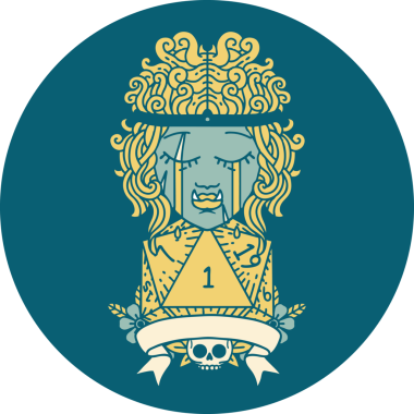 Retro Dövme Tarzı Ağlayan Ork Barbar Karakteri Bir insan tarafından çizilmiş doğal D20 rulosu