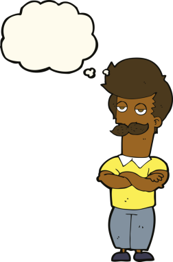 Bir insan tarafından çizilmiş düşünce balonlu bıyıklı kaslı adam.