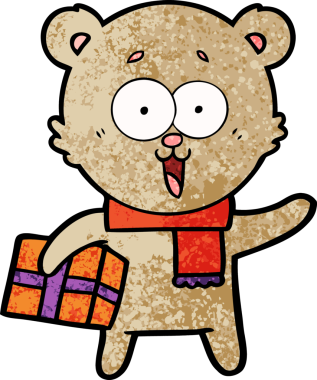 Bir insan tarafından çizilmiş Noel hediyeli gülen oyuncak ayı.