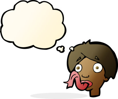 Bir insan tarafından çizilmiş düşünce baloncuğuyla dilini dışarı çıkaran çizgi film kafası.