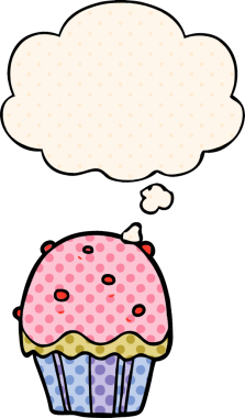 Bir insan tarafından çizilmiş, düşünce baloncuklu çizgi roman tarzı kek.