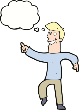 Bir insan tarafından çizilmiş düşünce baloncuğu ile sırıtan çizgi film adamı.