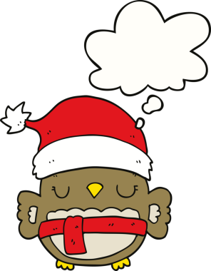 Bir insan tarafından çizilmiş düşünce baloncuklu şirin noel baykuşu.